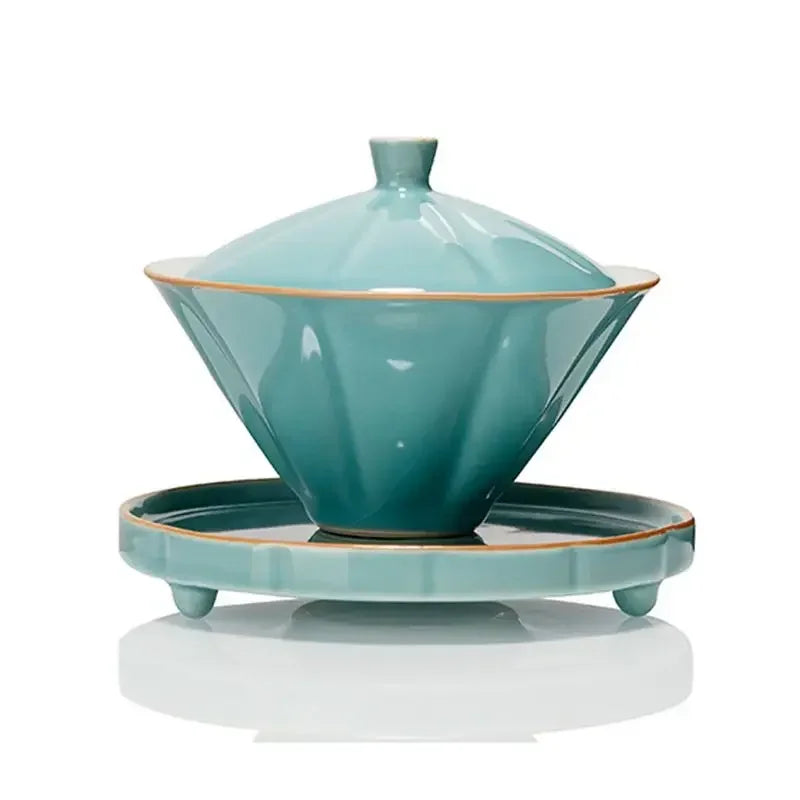 Jingdezhen-Ceramic Tea Cup with Bamboo Hat, Traditional Handmade Tea Ware, Single Bowl, Kung Fu Tea with Lid, Sancai Gaiwan