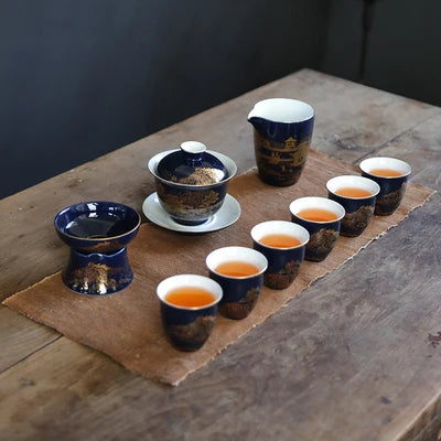 Jingdezhen Ceramic Tea Sets Indigo Glaze Teapot High Grade Household Teacups Kung Fu Green Tea Oolong Pu-erh Teaware Gift Box