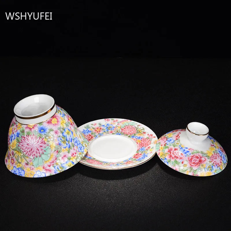 Jingdezhen Ceramics Tea cup Gaiwan Handmade tea bowl Teaset Personal Cup Teaware tureen lid bowl saucer 140ml