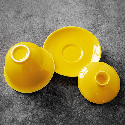 Jingdezhen Color Glaze Anti Scalding Gaiwan Teacup Yellow Ceramic Tea Bowl Handmade Tea Cup and Saucer Suit Chinese Teaware