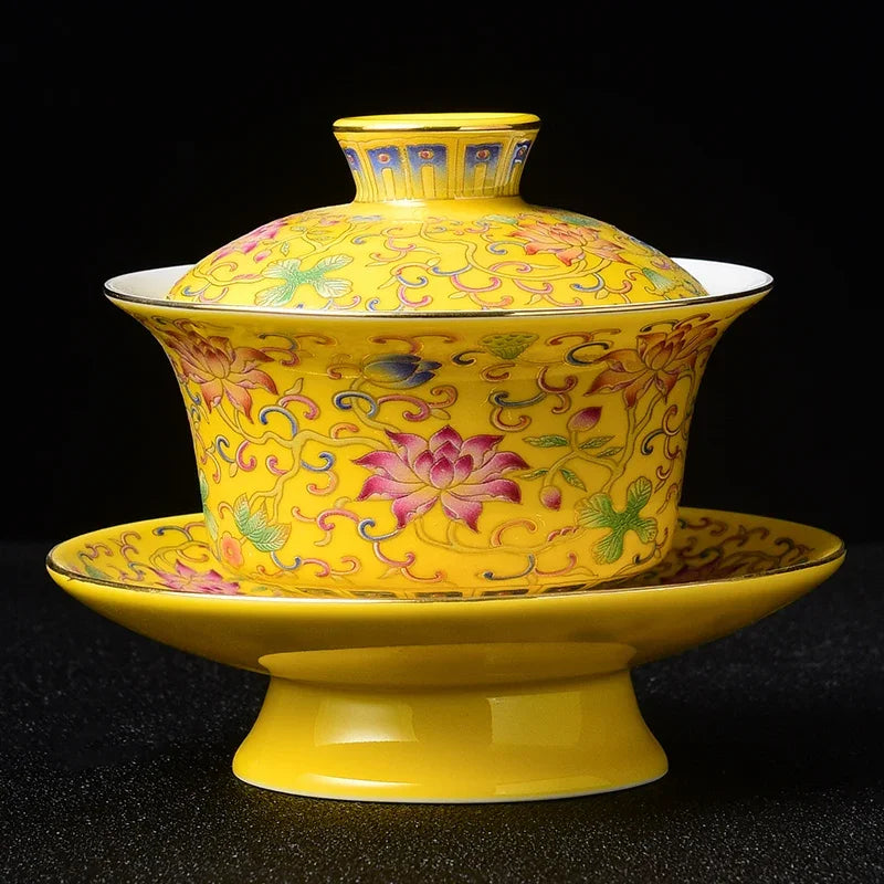 Jingdezhen Enamel Ceramic Gaiwan Teacup Handmade Flower Pattern Tea Bowl Chinese Porcelain Teaware Accessories Drinkware