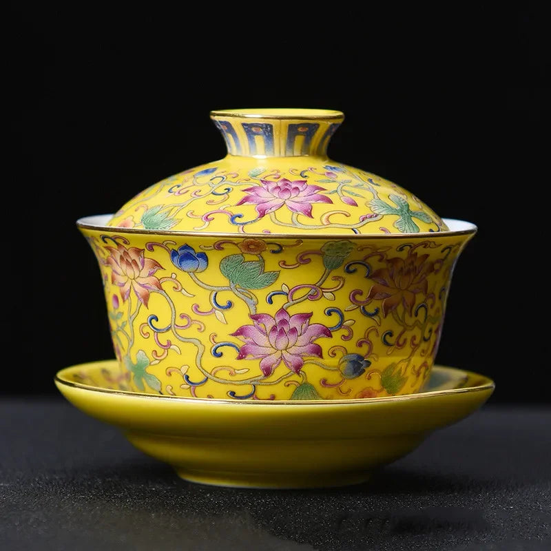 Jingdezhen Enamel Ceramic Gaiwan Teacup Handmade Flower Pattern Tea Bowl Chinese Porcelain Teaware Accessories Drinkware