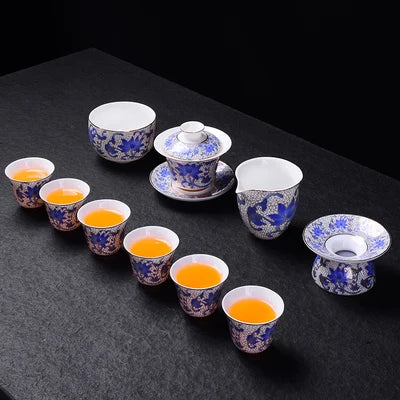 Jingdezhen Enamel Ceramic Tea Sets Pinch Gold Wire Lotus Teapot Sets High Grade Home Teacups Kung Fu Black Tea Pu-erh Teaware