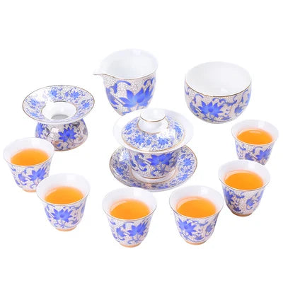 Jingdezhen Enamel Ceramic Tea Sets Pinch Gold Wire Lotus Teapot Sets High Grade Home Teacups Kung Fu Black Tea Pu-erh Teaware