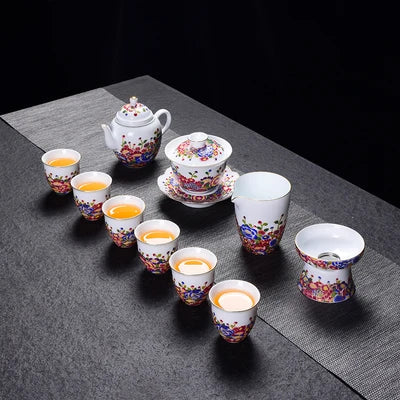 Jingdezhen Enamel Ceramic Tea Sets Wanhua Pinch Gold Wire Teapot Sets High Grade Home Teacups Kung Fu Green Tea Pu-erh Teaware