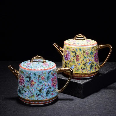 Jingdezhen Enamel Ceramic Teapot Hand-painted Blue Color Painting Gold Tangled Lotus Flower Kungfu Jin Jun Mei Teapot Teaware