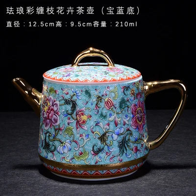 Jingdezhen Enamel Ceramic Teapot Hand-painted Blue Color Painting Gold Tangled Lotus Flower Kungfu Jin Jun Mei Teapot Teaware