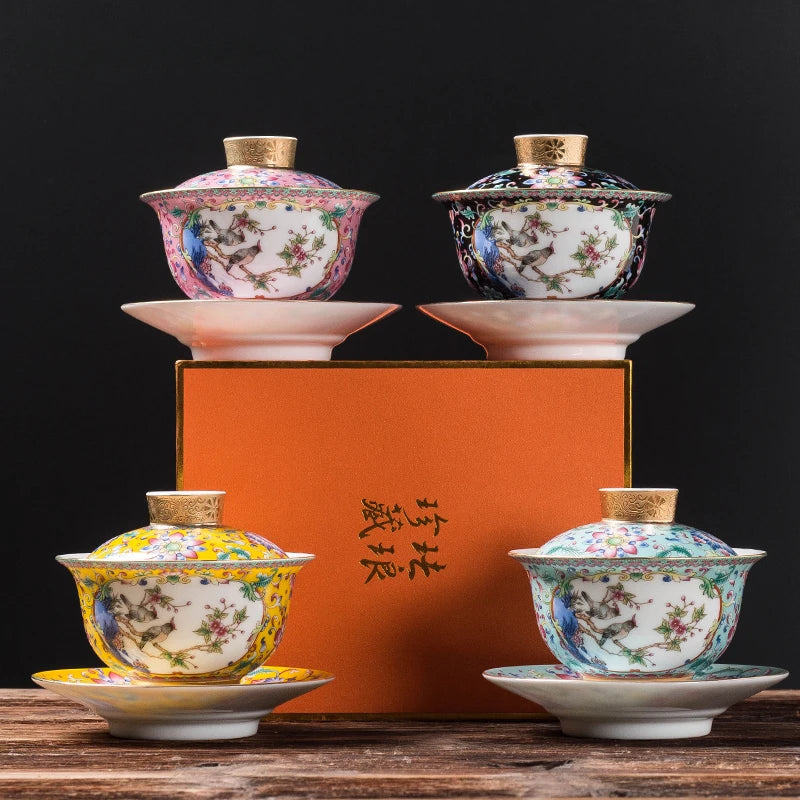 Jingdezhen Enamel Color Ceramic Gaiwan Chinese Tea Set Sancai Tea Bowl Portable with Cover Teacup Household Custom Teaware