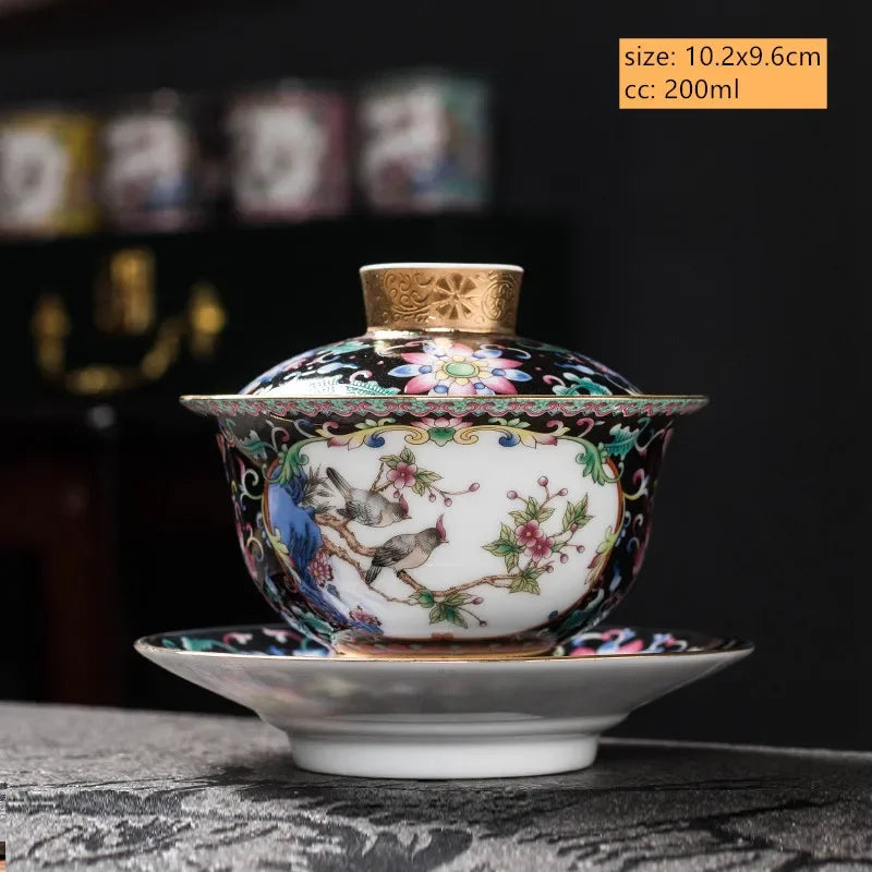 Jingdezhen Enamel Color Ceramic Gaiwan Chinese Tea Set Sancai Tea Bowl Portable with Cover Teacup Household Custom Teaware