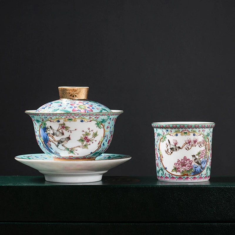 Jingdezhen Enamel Color Ceramic Gaiwan Chinese Tea Set Sancai Tea Bowl Portable with Cover Teacup Household Custom Teaware