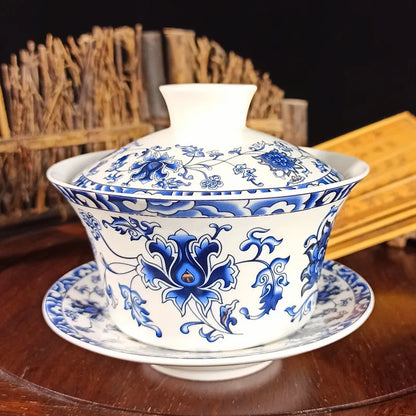 Jingdezhen-Extra Large Blue and White Porcelain Gaiwan, Single Tea Bowl, Non-hot Teacup, High White Porcelain