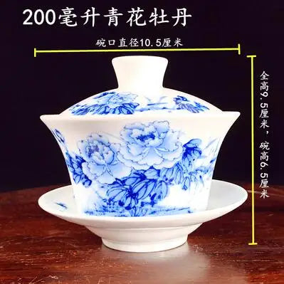Jingdezhen-Extra Large Blue and White Porcelain Gaiwan, Single Tea Bowl, Non-hot Teacup, High White Porcelain