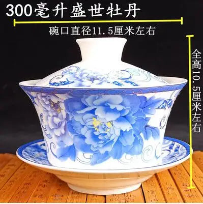 Jingdezhen-Extra Large Blue and White Porcelain Gaiwan, Single Tea Bowl, Non-hot Teacup, High White Porcelain