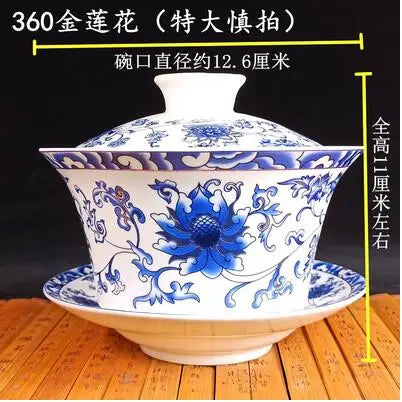 Jingdezhen-Extra Large Blue and White Porcelain Gaiwan, Single Tea Bowl, Non-hot Teacup, High White Porcelain