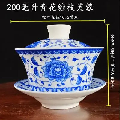 Jingdezhen-Extra Large Blue and White Porcelain Gaiwan, Single Tea Bowl, Non-hot Teacup, High White Porcelain