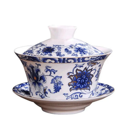 Jingdezhen-Extra Large Blue and White Porcelain Gaiwan, Single Tea Bowl, Non-hot Teacup, High White Porcelain