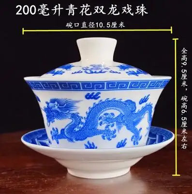 Jingdezhen-Extra Large Blue and White Porcelain Gaiwan, Single Tea Bowl, Non-hot Teacup, High White Porcelain