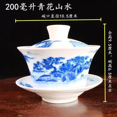 Jingdezhen-Extra Large Blue and White Porcelain Gaiwan, Single Tea Bowl, Non-hot Teacup, High White Porcelain