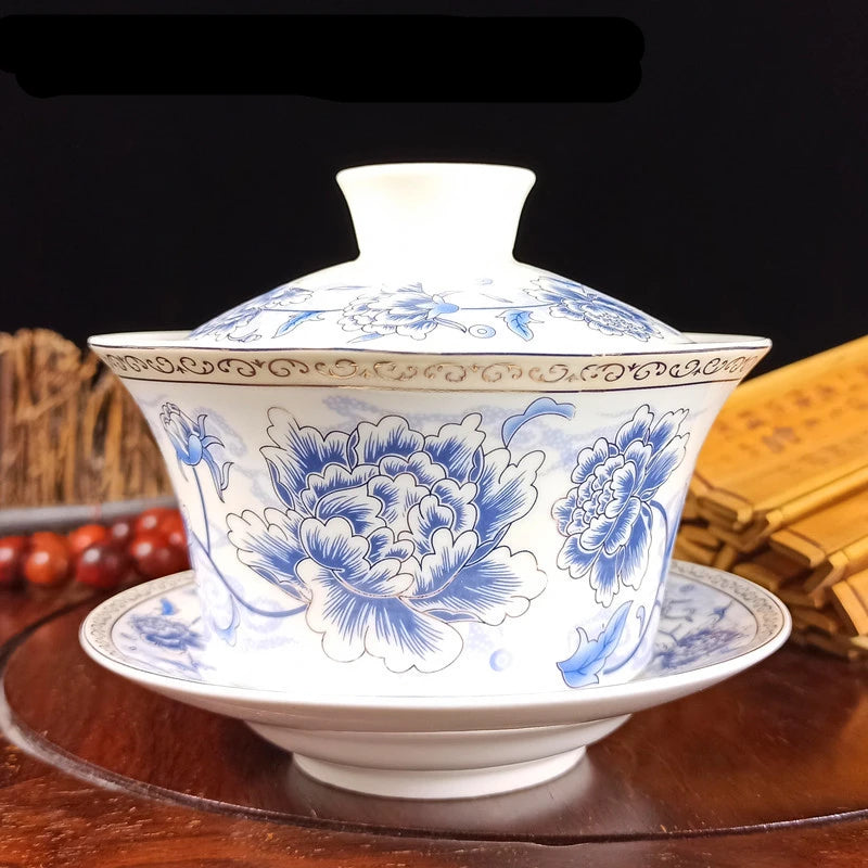 Jingdezhen-Extra Large Blue and White Porcelain Gaiwan, Single Tea Bowl, Non-hot Teacup, High White Porcelain
