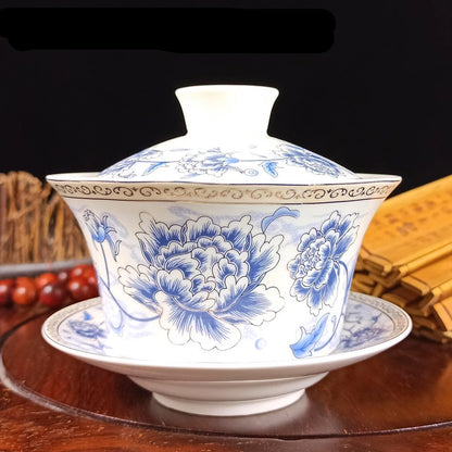 Jingdezhen-Extra Large Blue and White Porcelain Gaiwan, Single Tea Bowl, Non-hot Teacup, High White Porcelain