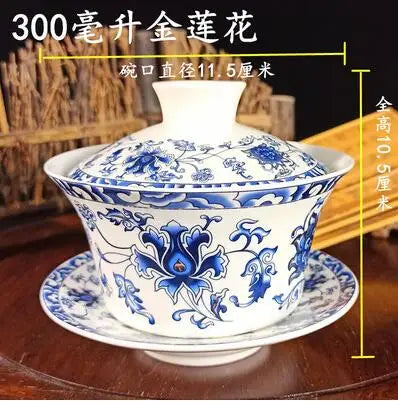 Jingdezhen-Extra Large Blue and White Porcelain Gaiwan, Single Tea Bowl, Non-hot Teacup, High White Porcelain