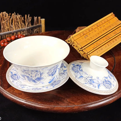 Jingdezhen-Extra Large Blue and White Porcelain Gaiwan, Single Tea Bowl, Non-hot Teacup, High White Porcelain