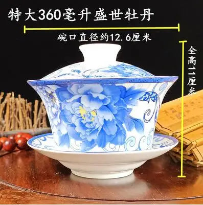 Jingdezhen-Extra Large Blue and White Porcelain Gaiwan, Single Tea Bowl, Non-hot Teacup, High White Porcelain