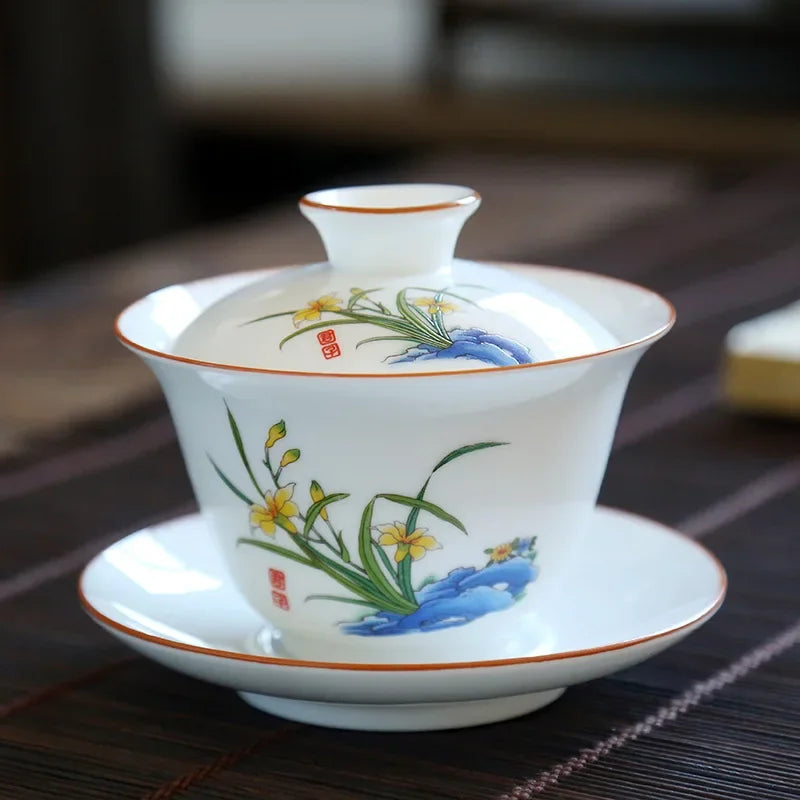 Jingdezhen Gaiwan Sancai Tea Bowl Cups Chinese on-glazed Porcelana Kung Fu Tea Tureen Teaware Set Ceramic Teacups