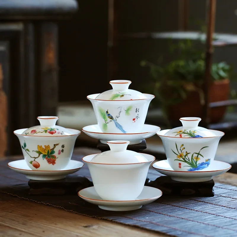 Jingdezhen Gaiwan Sancai Tea Bowl Cups Chinese on-glazed Porcelana Kung Fu Tea Tureen Teaware Set Ceramic Teacups