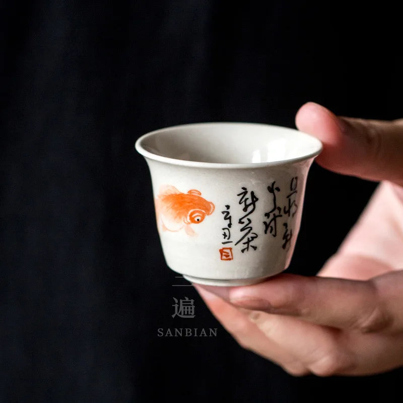 Jingdezhen Hand Painted Fish Play Grass Wood Gray Tea Cup Porcelain Kung Fu Tea Set Tea Cup Individual Single Cup Master Cup