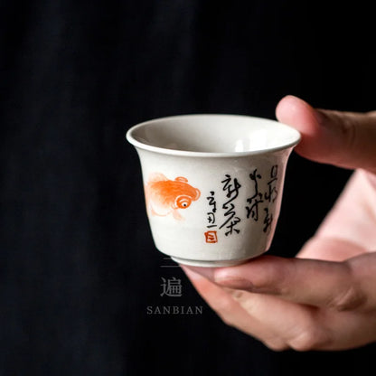 Jingdezhen Hand Painted Fish Play Grass Wood Gray Tea Cup Porcelain Kung Fu Tea Set Tea Cup Individual Single Cup Master Cup