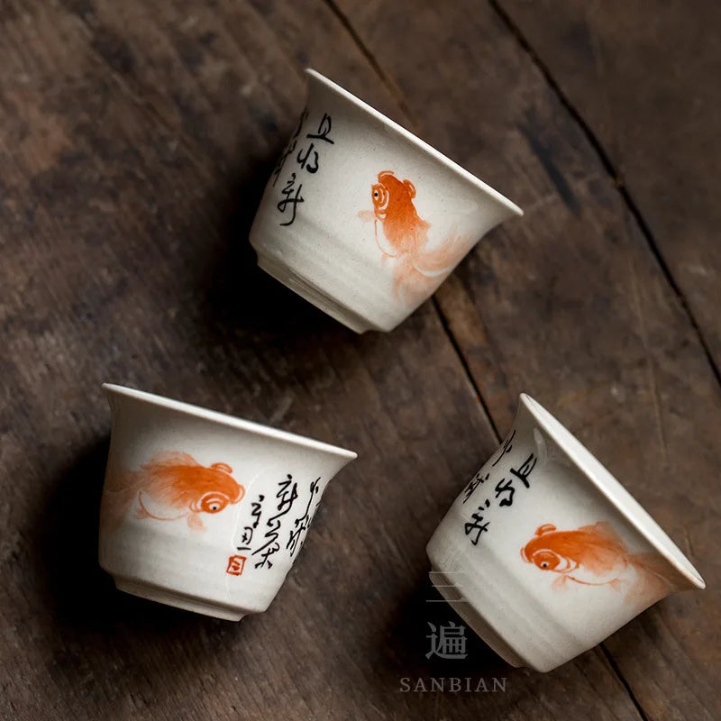 Jingdezhen Hand Painted Fish Play Grass Wood Gray Tea Cup Porcelain Kung Fu Tea Set Tea Cup Individual Single Cup Master Cup