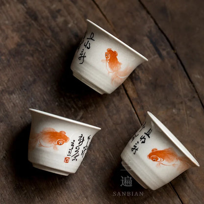 Jingdezhen Hand Painted Fish Play Grass Wood Gray Tea Cup Porcelain Kung Fu Tea Set Tea Cup Individual Single Cup Master Cup
