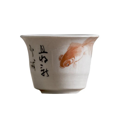 Jingdezhen Hand Painted Fish Play Grass Wood Gray Tea Cup Porcelain Kung Fu Tea Set Tea Cup Individual Single Cup Master Cup