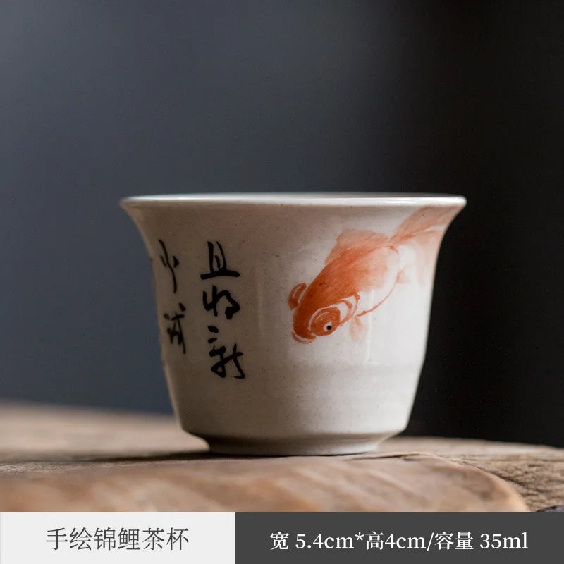Jingdezhen Hand Painted Fish Play Grass Wood Gray Tea Cup Porcelain Kung Fu Tea Set Tea Cup Individual Single Cup Master Cup