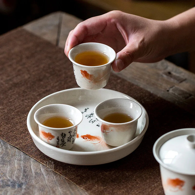 Jingdezhen Hand Painted Fish Play Grass Wood Gray Tea Cup Porcelain Kung Fu Tea Set Tea Cup Individual Single Cup Master Cup