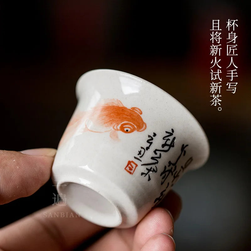 Jingdezhen Hand Painted Fish Play Grass Wood Gray Tea Cup Porcelain Kung Fu Tea Set Tea Cup Individual Single Cup Master Cup