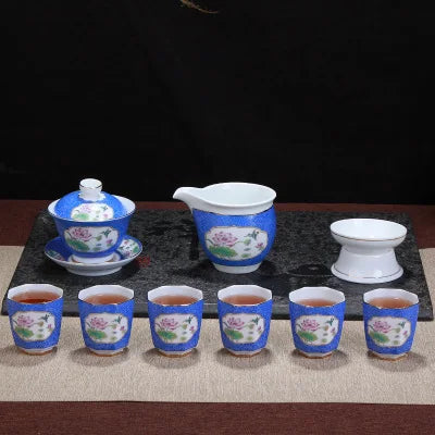 Jingdezhen Handmade Silk Flower Tea Set Blue And White Porcelain Teapot Cover Bowl Teacups Kung Fu Black Tea Pu-erh Teaware Gift