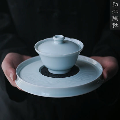Jingdezhen Hutian kiln shadow green cover bowl tea cup teacup teapot bearing ceramic green and white glaze tea set