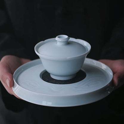 Jingdezhen Hutian kiln shadow green cover bowl tea cup teacup teapot bearing ceramic green and white glaze tea set