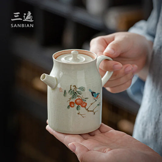 Jingdezhen Kung Fu Tea Set Hand Drawn Teapot Gracked Glaze Grass and Wood Gray Supportable Tea Making Small Single Pot Ceramic