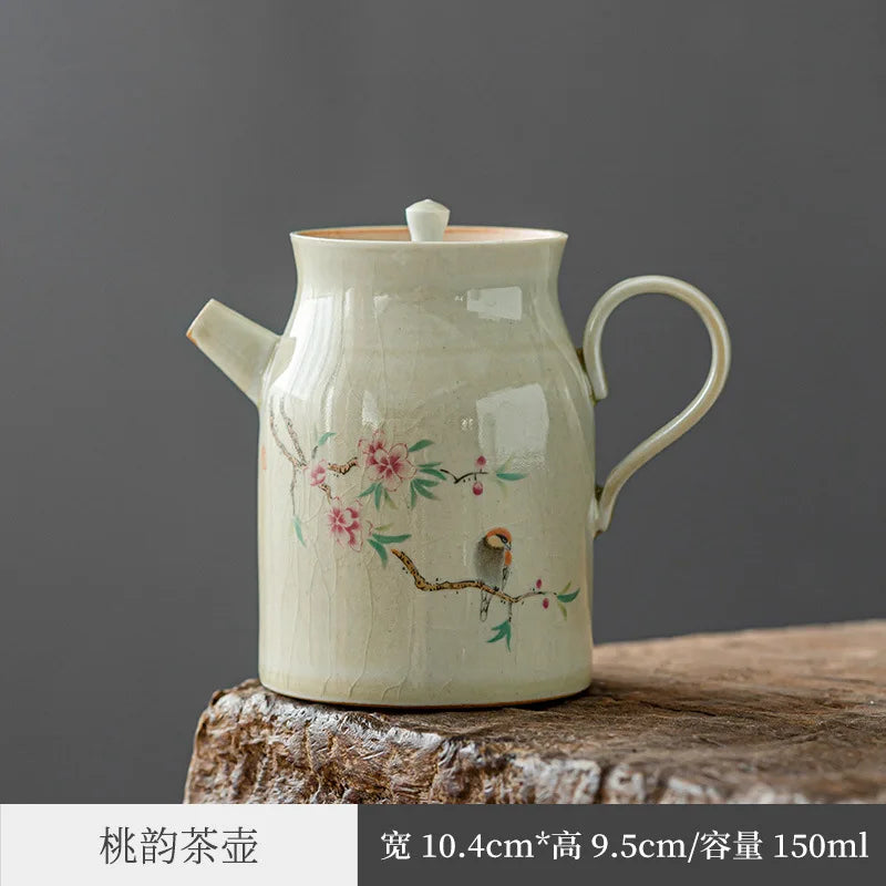 Jingdezhen Kung Fu Tea Set Hand Drawn Teapot Gracked Glaze Grass and Wood Gray Supportable Tea Making Small Single Pot Ceramic