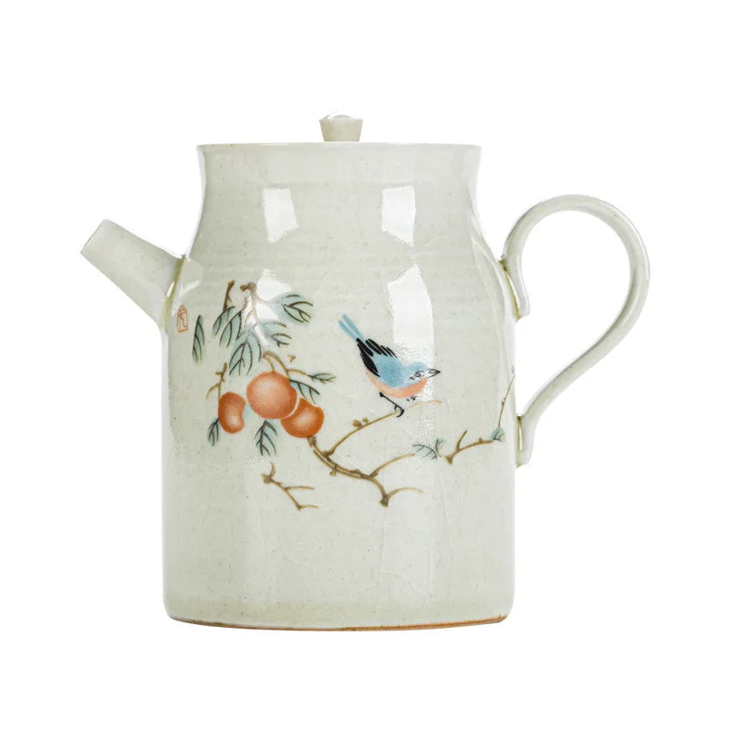 Jingdezhen Kung Fu Tea Set Hand Drawn Teapot Gracked Glaze Grass and Wood Gray Supportable Tea Making Small Single Pot Ceramic