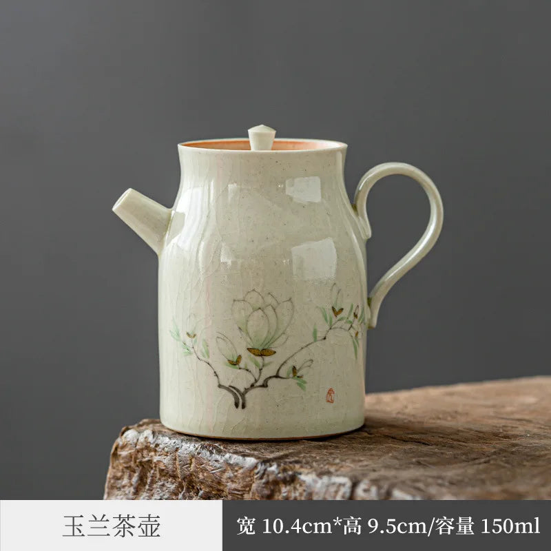 Jingdezhen Kung Fu Tea Set Hand Drawn Teapot Gracked Glaze Grass and Wood Gray Supportable Tea Making Small Single Pot Ceramic
