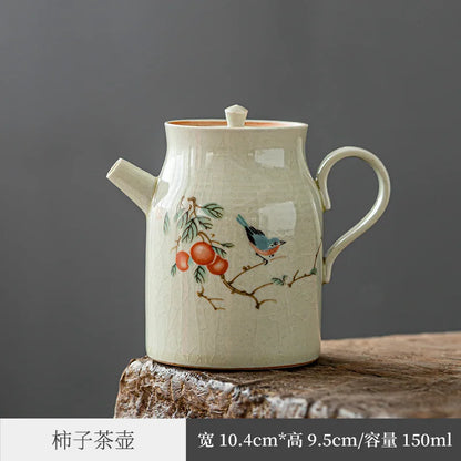 Jingdezhen Kung Fu Tea Set Hand Drawn Teapot Gracked Glaze Grass and Wood Gray Supportable Tea Making Small Single Pot Ceramic
