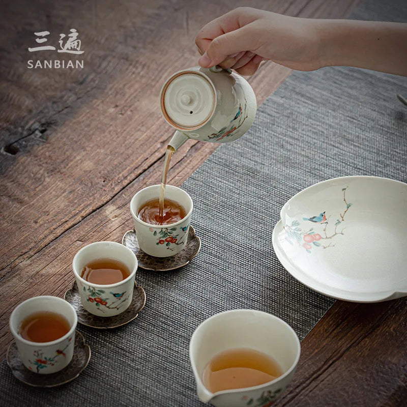Jingdezhen Kung Fu Tea Set Hand Drawn Teapot Gracked Glaze Grass and Wood Gray Supportable Tea Making Small Single Pot Ceramic