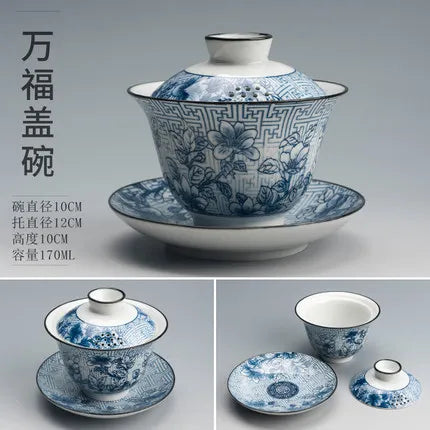 Jingdezhen-Large Capacity Household Tea Maker, Blue and White Gaiwan, Single Ceramic Large Tea Bowl