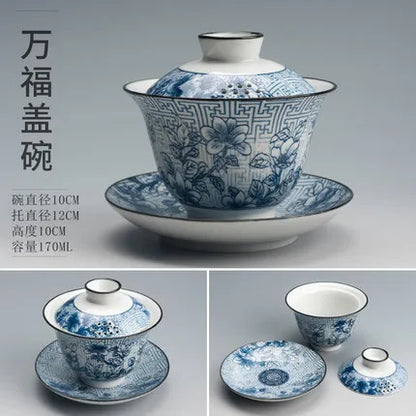 Jingdezhen-Large Capacity Household Tea Maker, Blue and White Gaiwan, Single Ceramic Large Tea Bowl