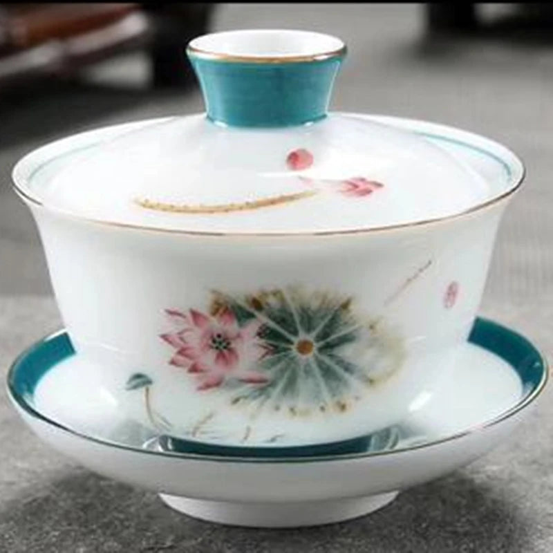 Jingdezhen-Large Tea Set, Blue and White Porcelain Tea Bowl, Celadon White Bone China, Sancai Cover Bowl, Tea Accessories