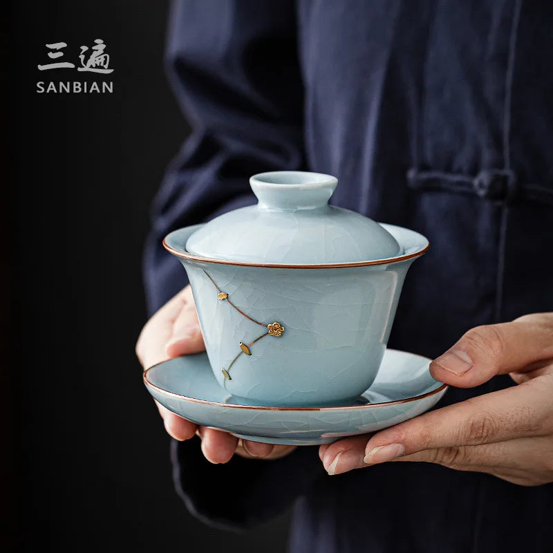 Jingdezhen Nail Ru Ware Porcelain Opening Film Porcelain Tea Set Sancai Gaiwan Tea Cup Tea Brewing Bowl Single